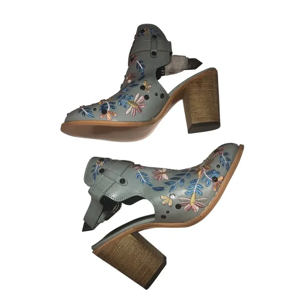 Western Mule Size 7 Blue Embroidered Chunky Block Heel Studded Ankle Strap Vegan